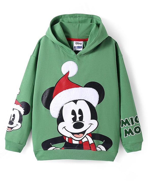 Pine Kids Disney Knit Full Sleeves Drop Shoulder Oversized Hooded Sweatshirt with Mickey Mouse Graphics - Mint Green