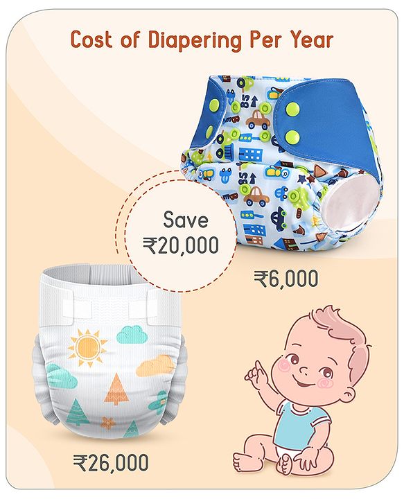 Babyhug Free Size Reusable Cloth Diaper With Inserts & Contrast Flap Pack of 3 - Blue & Brown