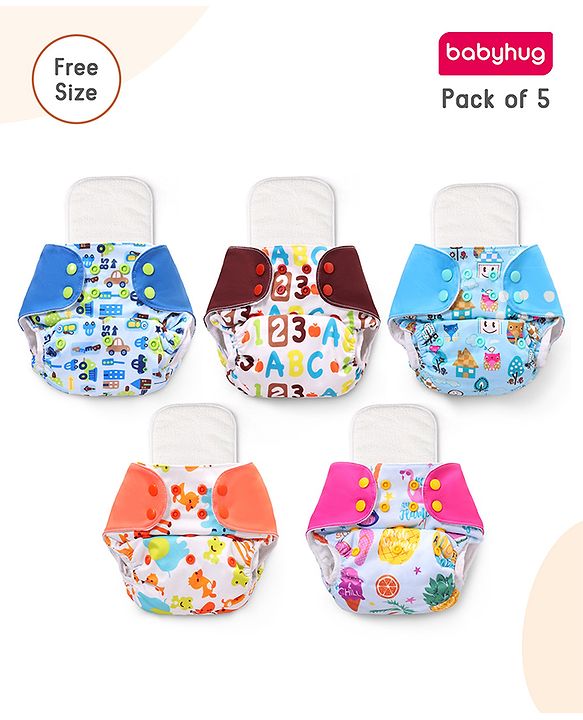 Babyhug Free Size Reusable Cloth Diaper With Inserts & Contrast Flap Pack of 5 - Multicolour