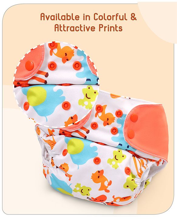 Babyhug Free Size Reusable Cloth Diaper With Inserts & Contrast Flap Pack of 5 - Multicolour