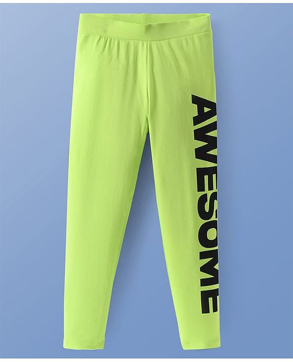 Pine Kids Knit Cotton Full Length Leggings with Text Print - Neon Green