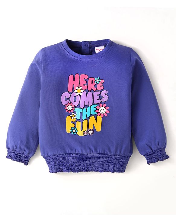 Babyhug Cotton Knit Full Sleeves Top with Text Print & Smock Detailing - Blue