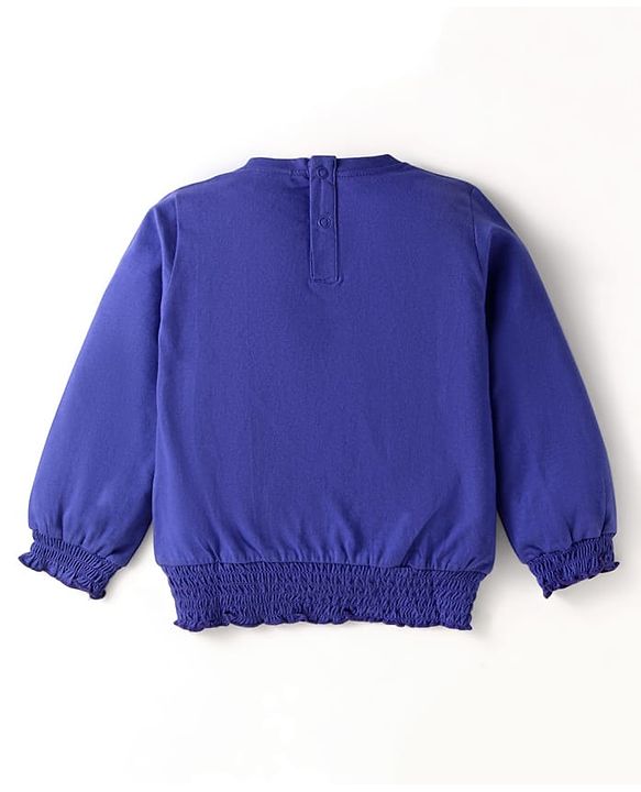 Babyhug Cotton Knit Full Sleeves Top with Text Print & Smock Detailing - Blue