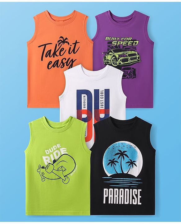 Pine Kids Cotton Knit Sleeveless Tank T-Shirts with Beach Theme & Take it Easy Text Print Pack of 5 - Black Purple & Orange