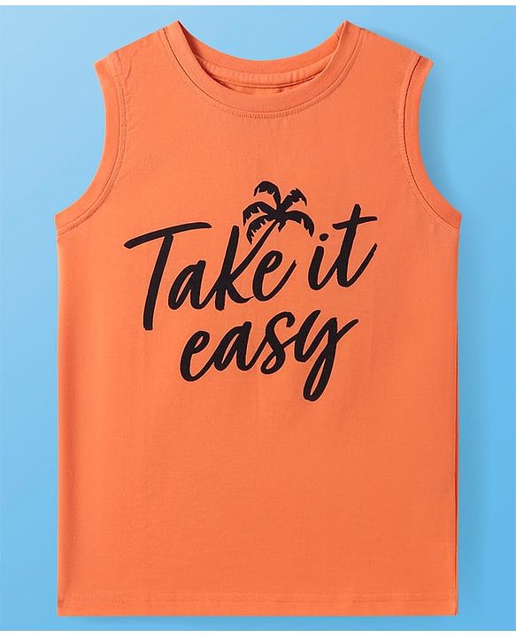 Pine Kids Cotton Knit Sleeveless Tank T-Shirts with Beach Theme & Take it Easy Text Print Pack of 5 - Black Purple & Orange