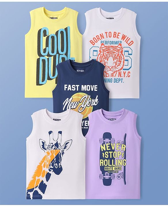 Pine Kids Cotton Knit Sleeveless Tank T-Shirts with Cool Dude Text Print Pack Of 5 - White Navy Blue & Lilac