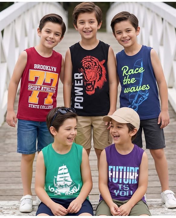 Pine Kids Cotton Knit Sleeveless Tank T-Shirts with Sport Theme & Future is You Print Pack of 5 - Black Purple & Navy Blue