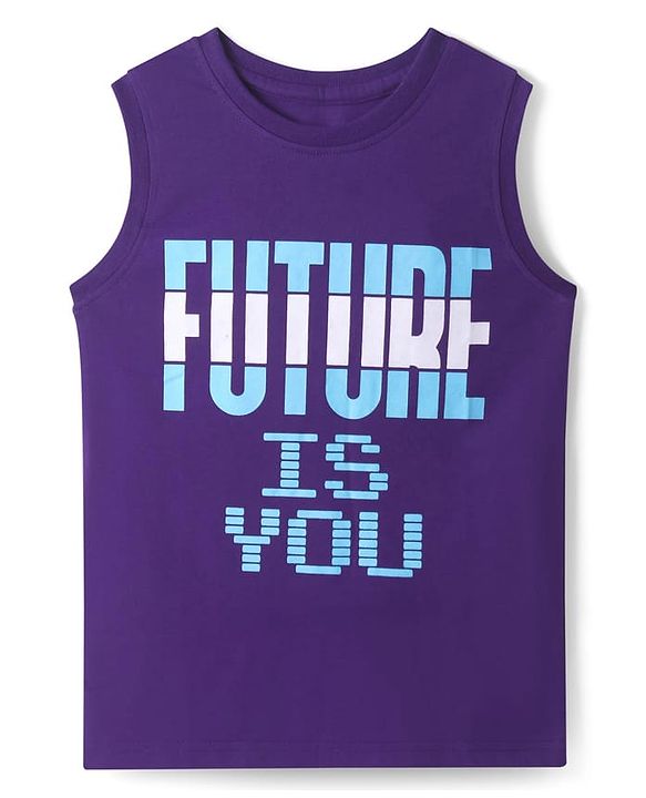 Pine Kids Cotton Knit Sleeveless Tank T-Shirts with Sport Theme & Future is You Print Pack of 5 - Black Purple & Navy Blue