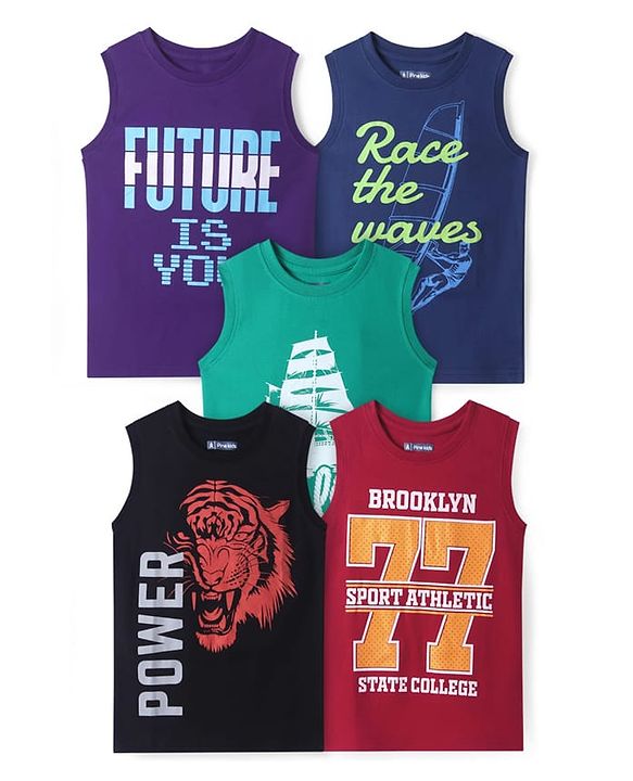 Pine Kids Cotton Knit Sleeveless Tank T-Shirts with Sport Theme & Future is You Print Pack of 5 - Black Purple & Navy Blue