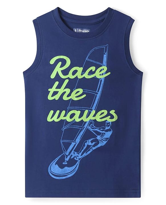 Pine Kids Cotton Knit Sleeveless Tank T-Shirts with Sport Theme & Future is You Print Pack of 5 - Black Purple & Navy Blue