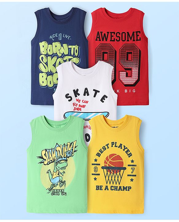 Pine Kids Cotton Knit Sleeveless Tank T-Shirts with Sport Theme Print Pack of 5 - Red White & Navy Blue