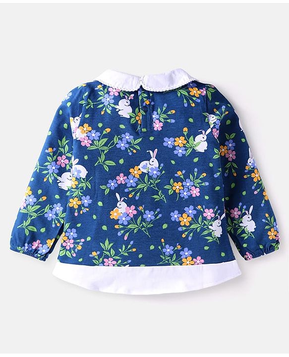 Babyhug Cotton Knit Full Sleeves Top With Floral Print & Peter Pan Collar - Navy Blue