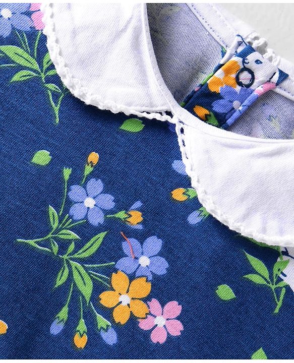 Babyhug Cotton Knit Full Sleeves Top With Floral Print & Peter Pan Collar - Navy Blue