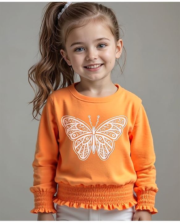 Babyhug Cotton Knit Full Sleeves Top With Butterfly Print & Smocking Detailing - Orange