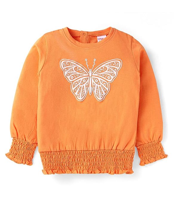 Babyhug Cotton Knit Full Sleeves Top With Butterfly Print & Smocking Detailing - Orange
