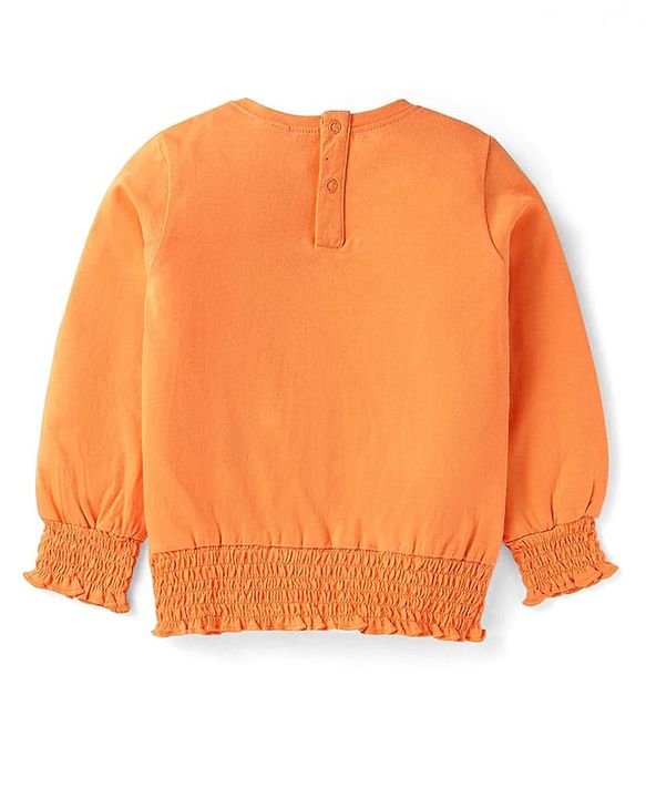 Babyhug Cotton Knit Full Sleeves Top With Butterfly Print & Smocking Detailing - Orange