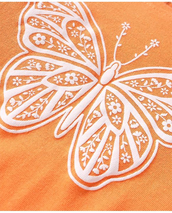 Babyhug Cotton Knit Full Sleeves Top With Butterfly Print & Smocking Detailing - Orange