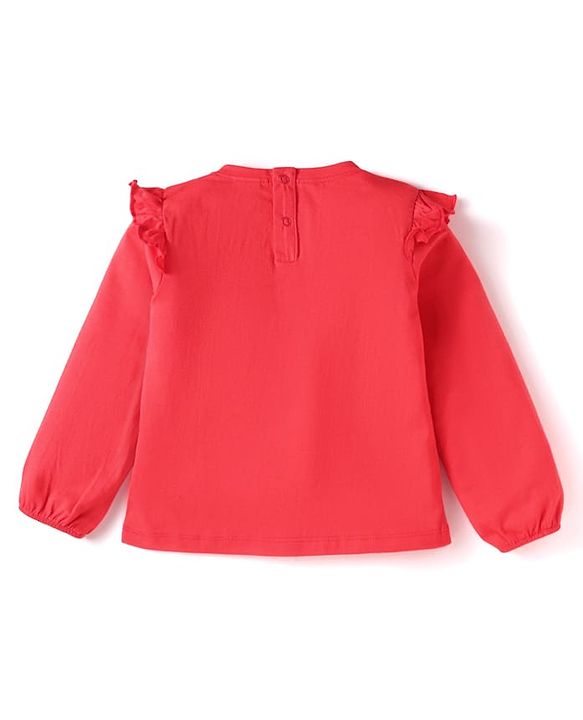 Babyhug Cotton Knit Full Peasant Sleeves Believe in Magic Printed Top with Frill Detailing - Red