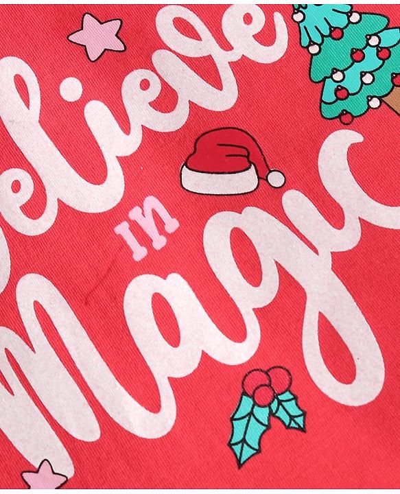 Babyhug Cotton Knit Full Peasant Sleeves Believe in Magic Printed Top with Frill Detailing - Red
