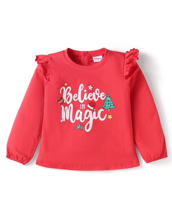 Babyhug Cotton Knit Full Peasant Sleeves Believe in Magic Printed Top with Frill Detailing - Red
