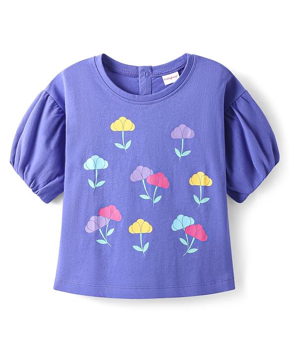 Babyhug Cotton Knit Half Puffed Sleeves Top With Floral Print - Blue