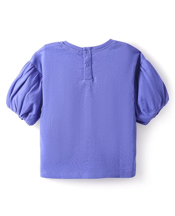 Babyhug Cotton Knit Half Puffed Sleeves Top With Floral Print - Blue
