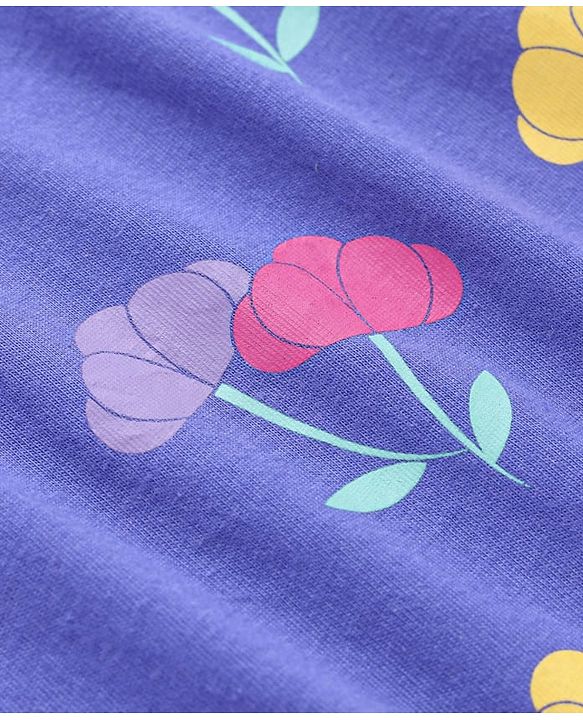 Babyhug Cotton Knit Half Puffed Sleeves Top With Floral Print - Blue