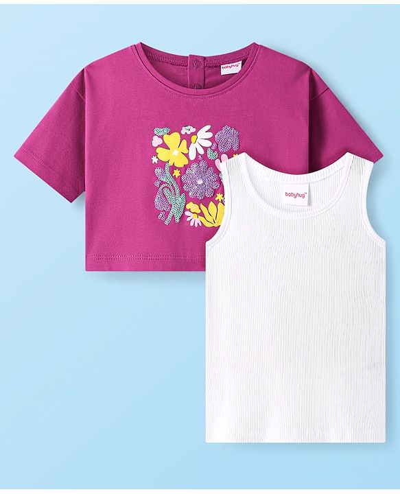 Babyhug Cotton Knit Half Drop Down Shoulder T-Shirt with Vest Sequinned Floral Detailing - Purple
