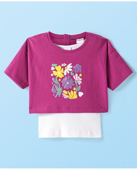 Babyhug Cotton Knit Half Drop Down Shoulder T-Shirt with Vest Sequinned Floral Detailing - Purple