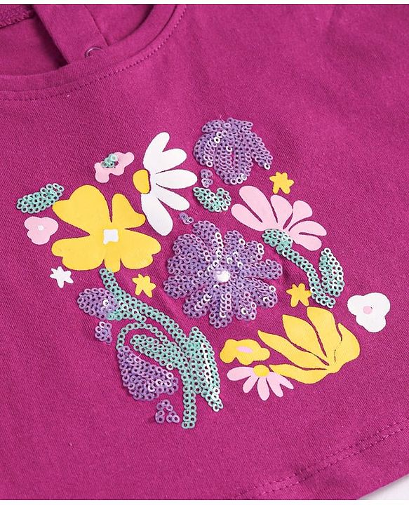 Babyhug Cotton Knit Half Drop Down Shoulder T-Shirt with Vest Sequinned Floral Detailing - Purple