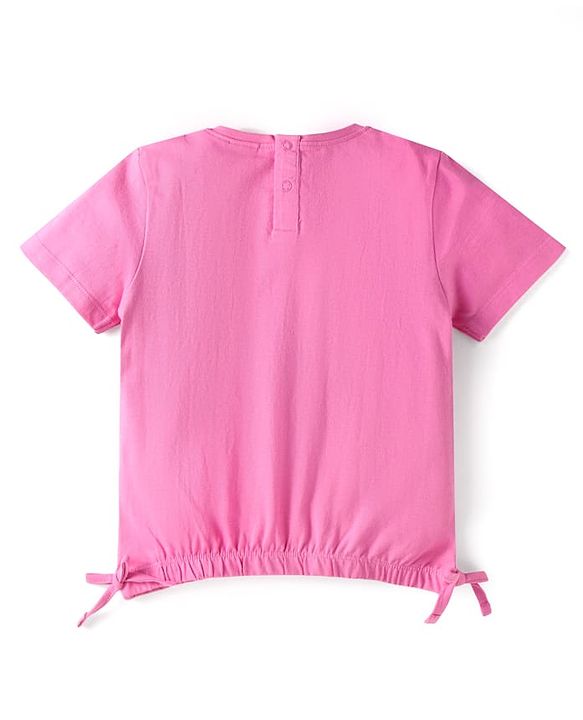 Babyhug Cotton Knit Half Sleeves Tops with Text Print & Knot Detailing - Pink