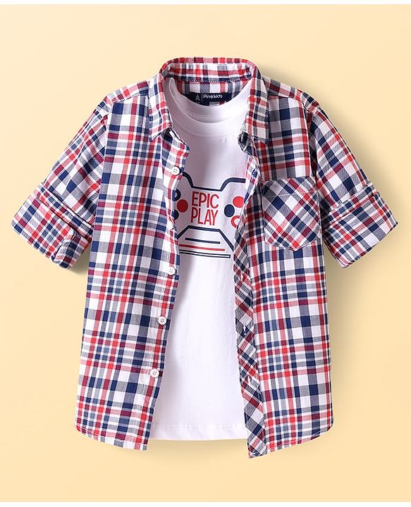 Pine Kids Cotton Woven Full Sleeves Checkered Shirt with T-Shirt - Lilac