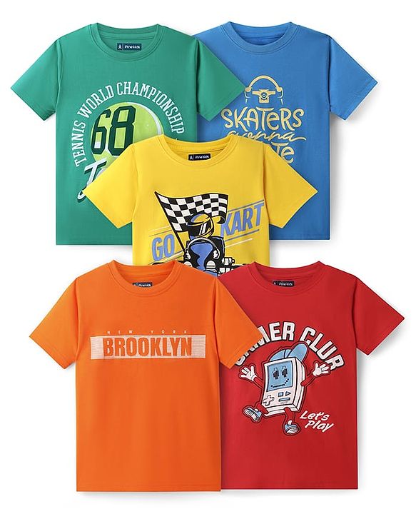 Pine Kids Cotton Knit Half Sleeves T-Shirts with Text Print Pack of 5 - Multicolor