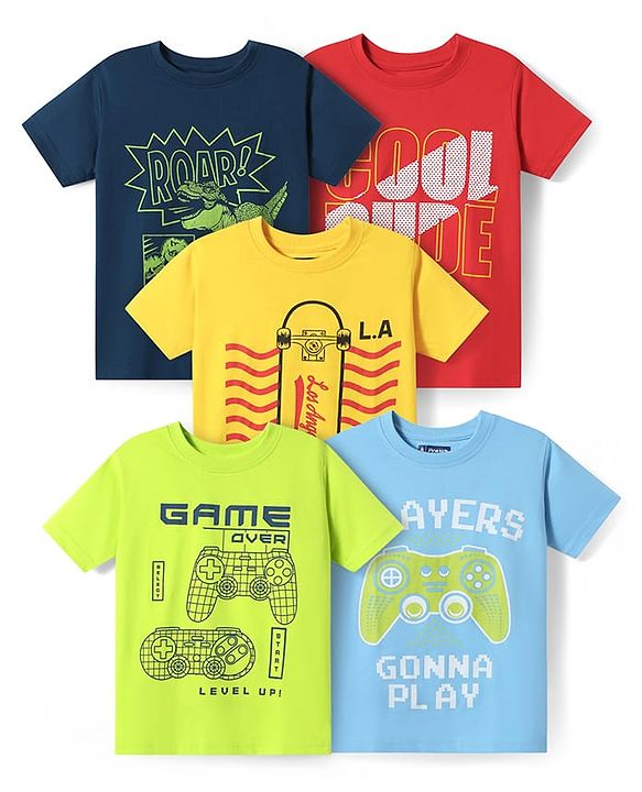 Pine Kids Cotton Knit Half Sleeves T-Shirts with Gamer Theme Text Print Pack Of 5 - Red Yellow & Navy Blue