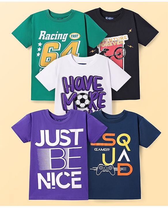 Pine Kids Cotton Knit Half Sleeves T-Shirt with Text Print Pack of 5 - Multicolor