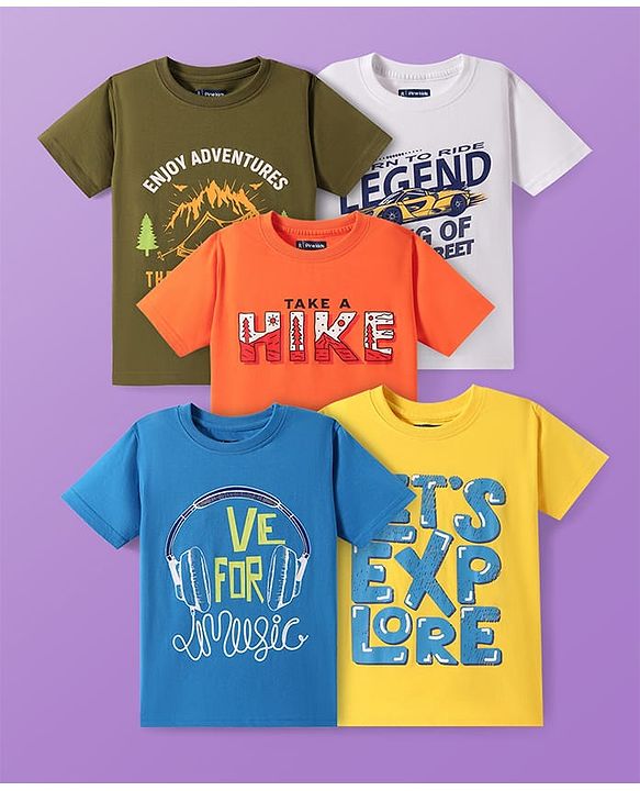 Pine Kids Cotton Knit Half Sleeves T-Shirts with Text Print Pack of 5 - Multicolor