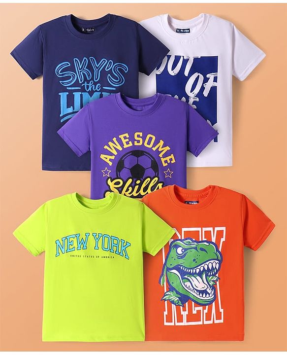 Pine Kids Cotton Knit Half Sleeves T-Shirts with Dino & Text Print Pack Of 5 - White Orange & Purple