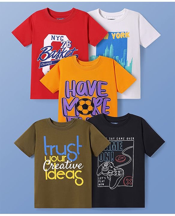 Pine Kids Cotton Knit Half Sleeves T-Shirt with Text Print Pack of 5 - Multicolor
