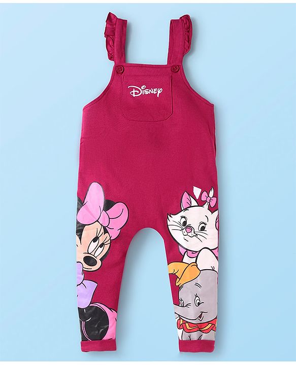 Babyhug Disney Terry Knit Dungaree & Full Sleeves T-Shirt With Disney Characters Graphics & Polka Dot Print - Fuchsia & White