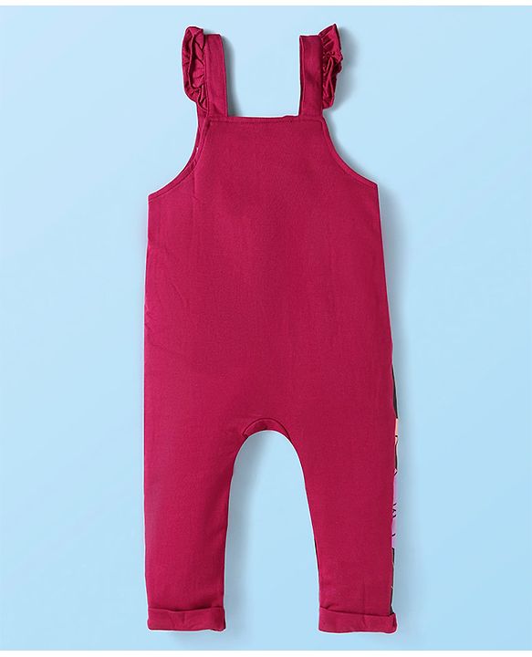 Babyhug Disney Terry Knit Dungaree & Full Sleeves T-Shirt With Disney Characters Graphics & Polka Dot Print - Fuchsia & White