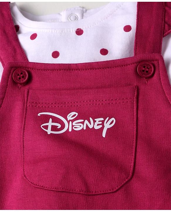 Babyhug Disney Terry Knit Dungaree & Full Sleeves T-Shirt With Disney Characters Graphics & Polka Dot Print - Fuchsia & White