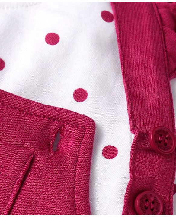 Babyhug Disney Terry Knit Dungaree & Full Sleeves T-Shirt With Disney Characters Graphics & Polka Dot Print - Fuchsia & White