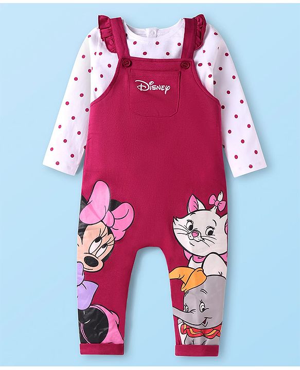 Babyhug Disney Terry Knit Dungaree & Full Sleeves T-Shirt With Disney Characters Graphics & Polka Dot Print - Fuchsia & White