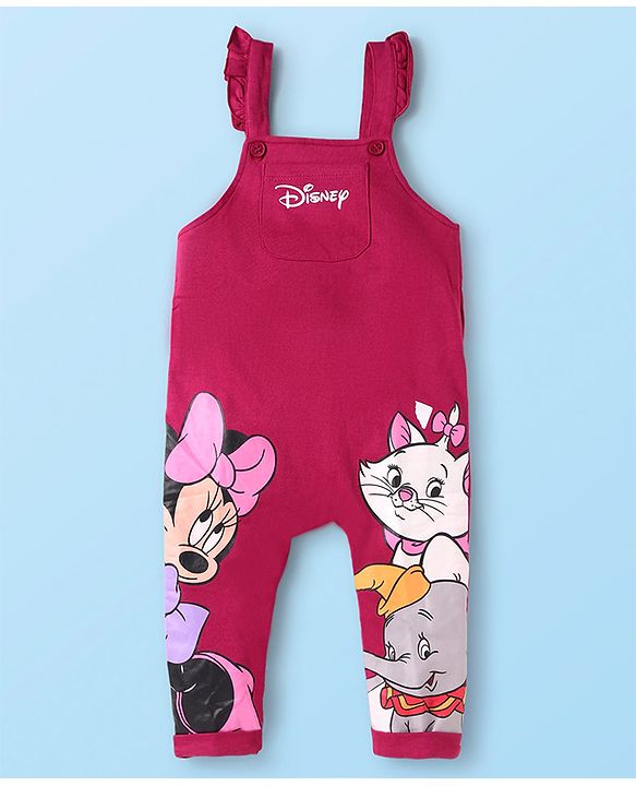 Babyhug Disney Terry Knit Dungaree & Full Sleeves T-Shirt With Disney Characters Graphics & Polka Dot Print - Fuchsia & White