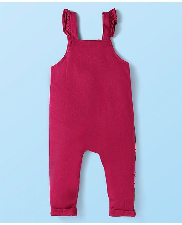 Babyhug Disney Terry Knit Dungaree & Full Sleeves T-Shirt With Disney Characters Graphics & Polka Dot Print - Fuchsia & White