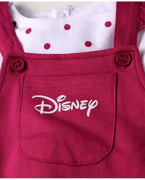 Babyhug Disney Terry Knit Dungaree & Full Sleeves T-Shirt With Disney Characters Graphics & Polka Dot Print - Fuchsia & White