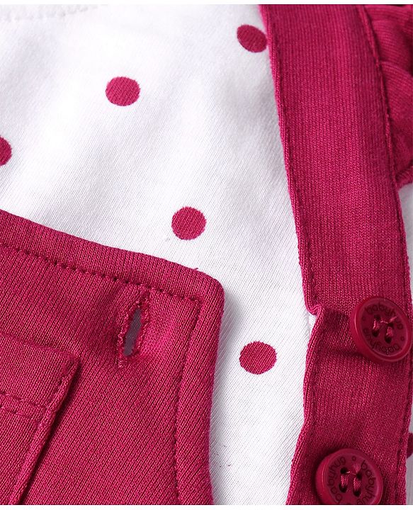 Babyhug Disney Terry Knit Dungaree & Full Sleeves T-Shirt With Disney Characters Graphics & Polka Dot Print - Fuchsia & White