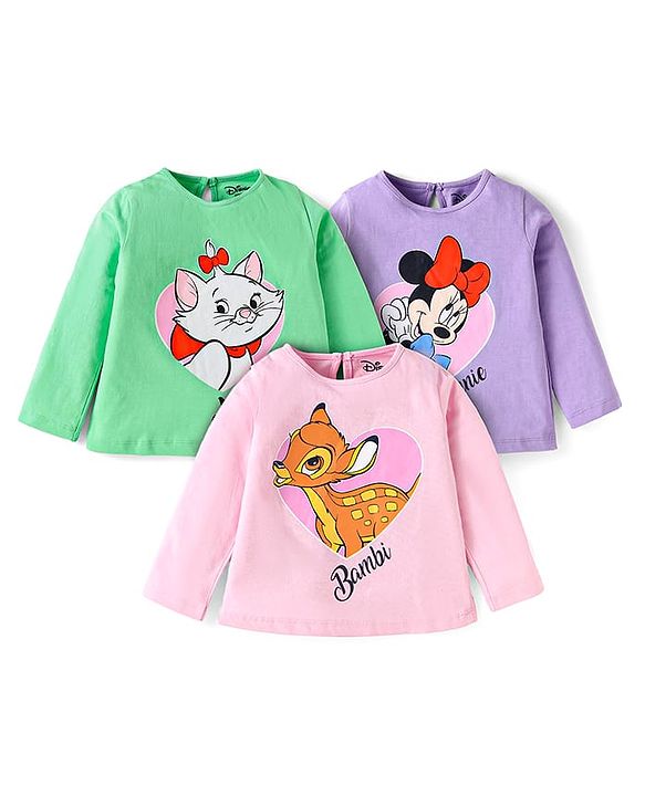 Babyhug Disney Single Jersey Knit Full Sleeves T-Shirts with Minnie & Bambie Graphics Pack of 3 - Pink Green & Purple