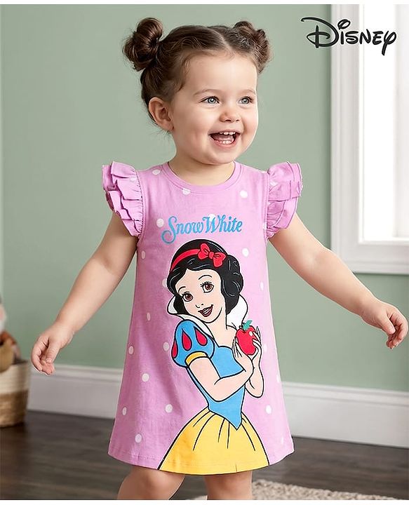Babyhug Disney Single Jersey Knit Frill Sleeves Nighty With Snow White Graphics - Lilac