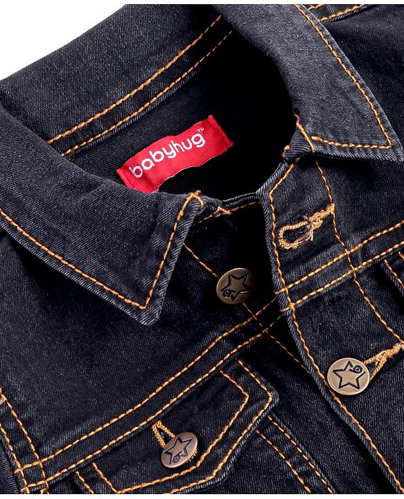 Babyhug Full Sleeves Front Open  Denim Washed Jacket with Pockets - Black